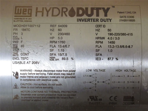 WEG H311007112; AC Motor SS 5HP 230/460VAC 1760RPM; 3PH