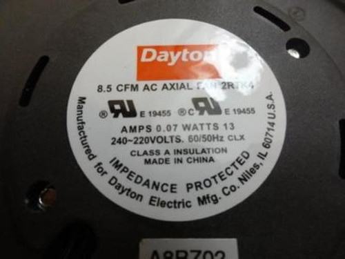 Dayton  2RTK4; Axial Blower;240-220 Volts 8.5 CFM 0.07 Amps