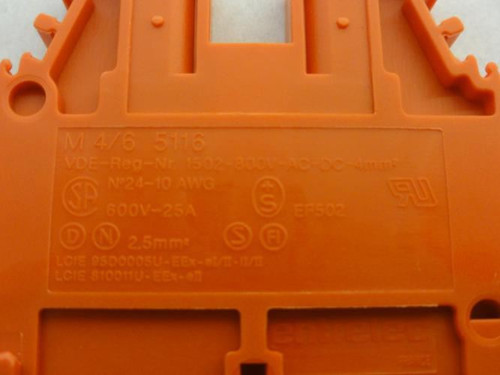 Entrelec M4/65116-ORANGE; Terminal Block; 25A; 600V