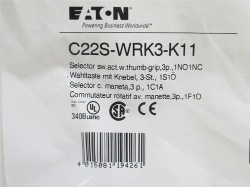 Eaton C22S-WRK3-K11; Push-button Selector Switch Knob; 3-Pos