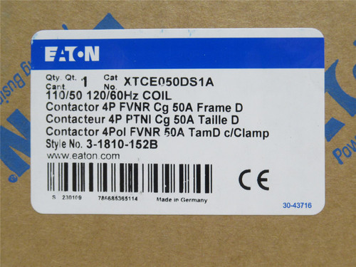 Eaton XTCE050DS1A; Contactor; 50A 4P 600VAC; Coil: 110/120VAC