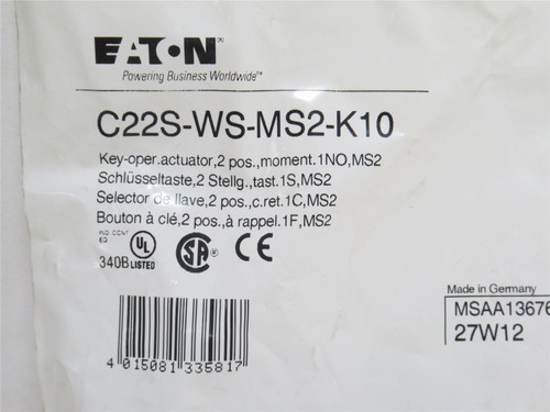 Eaton C22S-WS-MS2-K10; Keylock Switch; Momentary; 110/230VAC