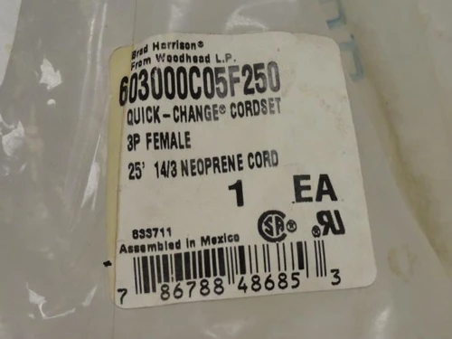Woodhead 603000C05F250; Female Cordset; Quick-Change; 25' 3P