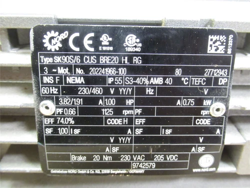 Nord SK90S/6 CUS BRE20 HL RG; Brake Motor; 1HP; 230/460VAC