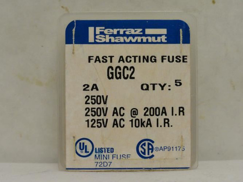 Ferraz GGC2; Box-5; Glass Fuses; 2A; 250V; 1-1/4" x 1/4"