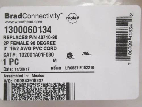 Woodhead 1300060134; Single-Ended Cordset 40710-90; 3' Long