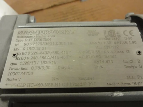 SEW-EuroDrive R37 DR63M4; Geared Motor; 240/460V; 0.18kW; 3Ph