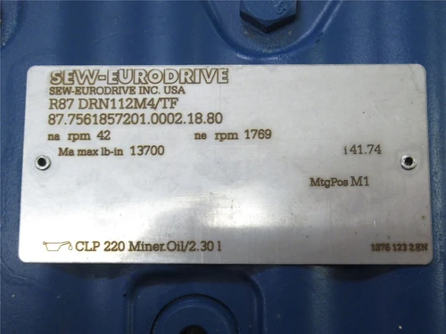 SEW R87DRN112M4/TF; AC Gearmotor 41.74:1 Ratio 5.4HP; 230/460V