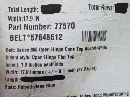 Intralox S800-17.9-20; Ser 800; Cone Top Belt; 20'L X 17.9"W