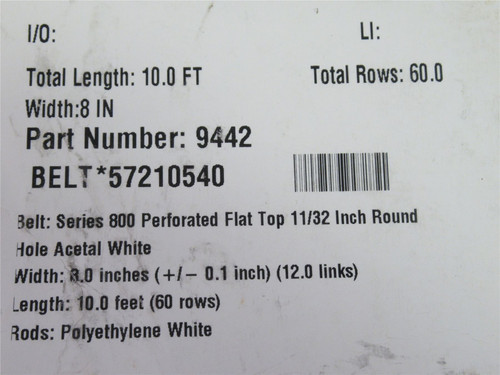 Intralox S800-8-10; Ser 800 Perforated Flat Top Belt;10'L X 8"W