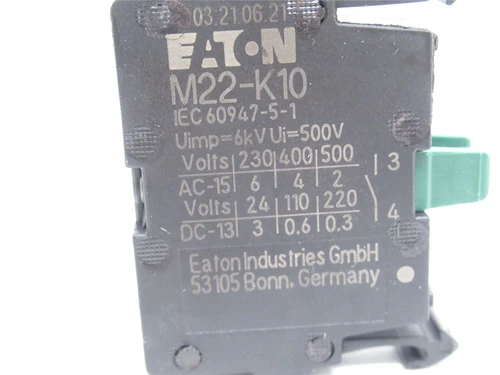 Eaton M22-K10; Contact Block; 22.5mm; 6A; 500VAC; SPST; 1NO