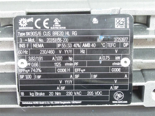 Nord SK90S/6 CUS BRE20 HL RG; Brake Motor; 1HP; 230/460VAC