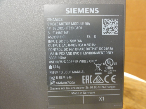 Siemens 6SL3120-1TE23-0ACO; AC Drive; 510-720VDC; 36A In