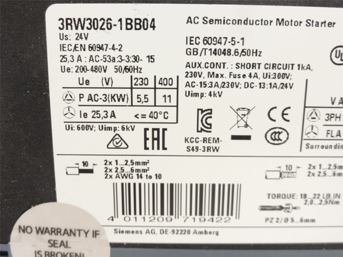 Siemens 3RW3026-1BB04; Soft Starter 25A 3P 460VAC; Coil 24VDC