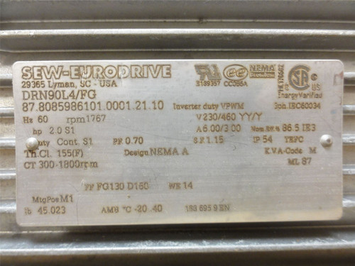 SEW DRN90L4/FG; AC Motor; 2HP; 230/460V; 1800RPM; 3PH; 60HZ