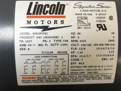 Lincoln Motors SSD2P5T61; Motor; 5HP; 230/460VAC; 3475RPM; 3PH