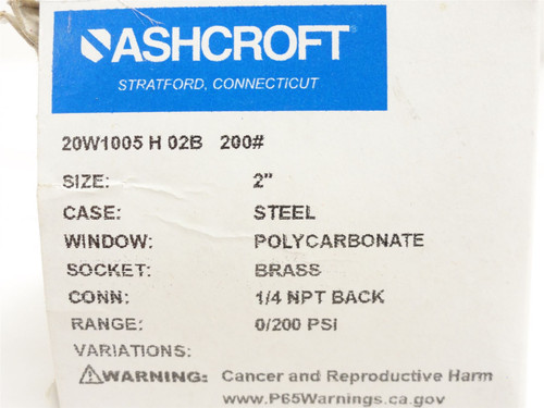 Ashcroft 20W1005-?-02B-200; Dry Pressure Gauge; 0-200PSI