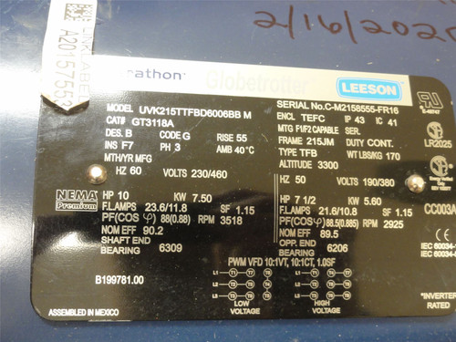 Leeson GT3118A; AC Pump Motor 10HP; 230/460V; 3600RPM; 3PH