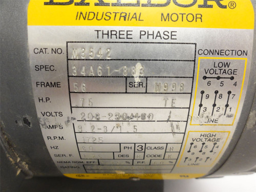 Baldor M3542; AC Motor; 3/4HP; 208-230/460V; 1725RPM; 3PH
