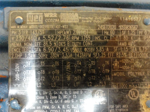 WEG 00218ET3E145T-W22; AC Motor; 2HP; 230/460V; 1755RPM; 3PH