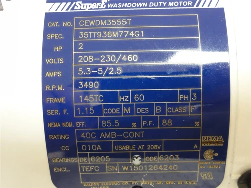 Baldor CEWDM3555T; AC Motor 2HP; 208-230/460V; 3490RPM; 3Ph