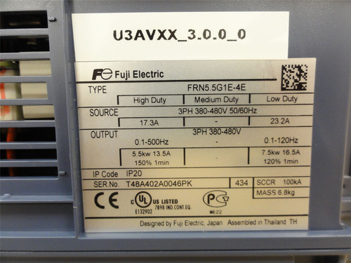 Fuji FRN5.5G1E-4E; AC Drive 7.5Kw 480VAC; 3PH; 17.3 Amps
