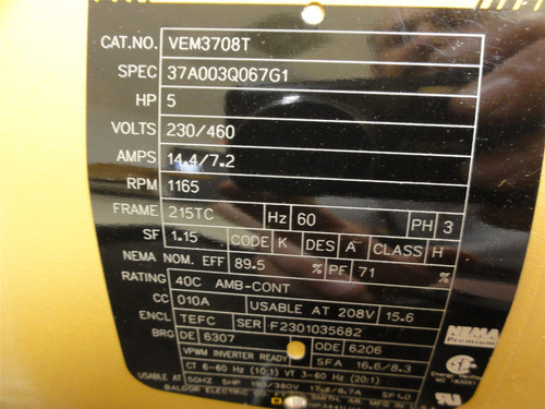 Baldor VEM3708T; AC Motor; 5HP; 230/460V; 1165RPM; 3PH; 60HZ
