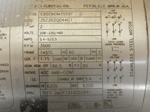 Baldor CEWDM3555T; AC Motor; SS; 2HP; 230/460V; 3500RPM; 60HZ