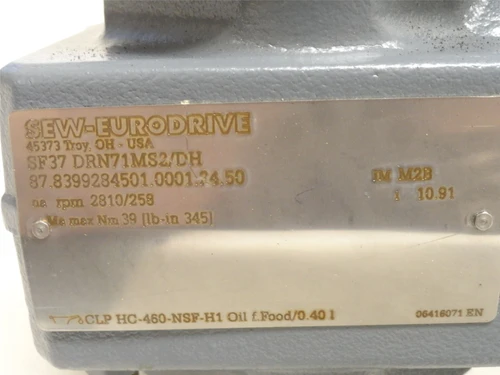 SEW SF37DRN71MS2; AC Gearmotor; 11:1 Ratio; 1/2HP; 380-415V