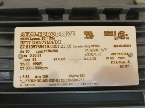 SEW RF17DRN71M4/DH; AC Gearmotor; 8.63:1 Ratio; 1/2HP; 240V