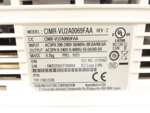 Yaskawa CIMR-VU2A0069FAA; AC Drive 25HP 240VAC In