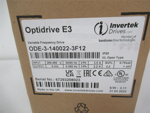 Invertek Drives ODE-3-140022-3F12; Optidrive E3 1HP 480V 3ph