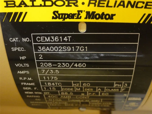 Baldor CEM3614T; AC Motor; 2HP; 230/460V; 1175RPM; 3PH; 60Hz