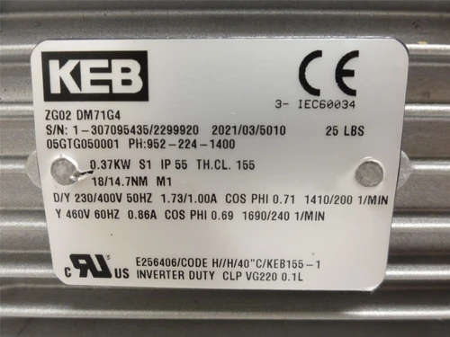KEB ZG02-DM71G4; AC Gearmotor; 0.37kW; 7:1 Ratio; 460V; 3PH