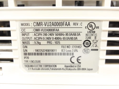Yaskawa CIMR-VU2A0069FAA; AC Drive 25HP 240VAC In