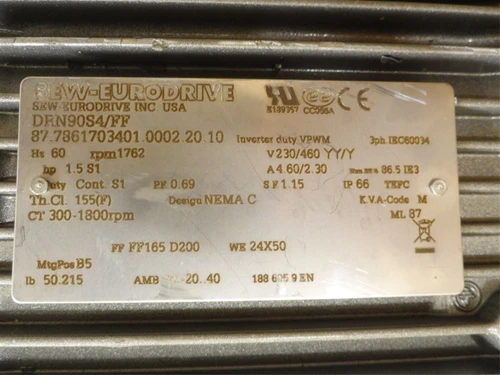 SEW DRN90S4/FF; AC Motor 1-1/2HP 230/460VAC 1800RPM 3PH