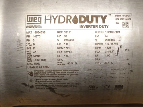 WEG 16554535; AC Motor; 1HP; 230/460V; 1725RPM; 3PH; 60Hz