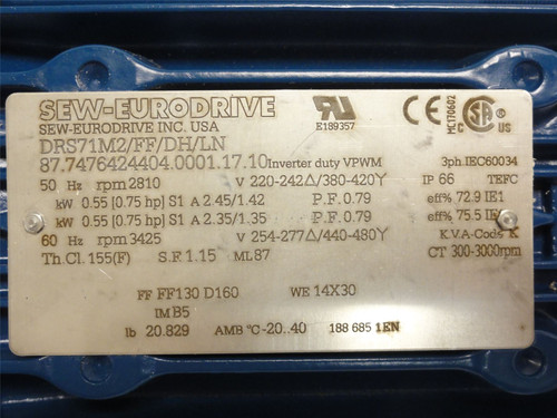 SEW DRS71M2/FF/DH/LN; Motor; 3/4HP; 220-440VAC; 3425RPM; 3PH