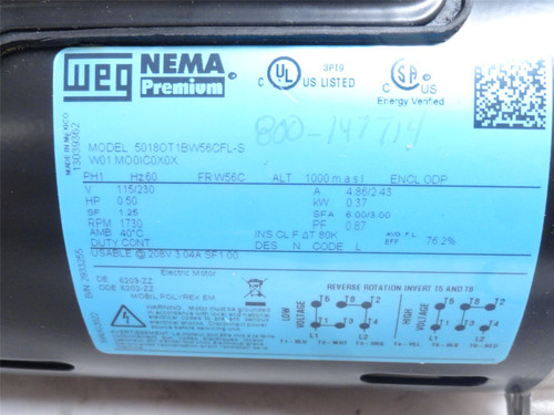 WEG 50180T1BW56CFL-S; AC Motor; 1/2HP; 115/230V; 1730RPM; 1PH