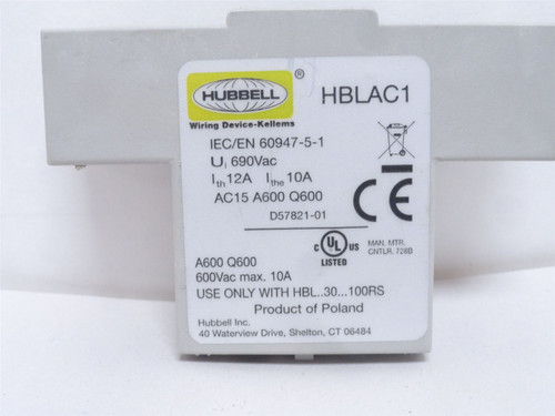 Hubbell HBLAC1; Aux Contact; 1-NO; 1-NC; 10 Amp; 600VAC