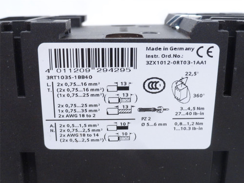 Siemens 3RT1035-1BB40; Contactor 40A; 3P; 600VAC; Coil: 24VDC