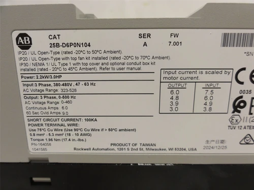 Allen-Bradley 25B-D6P0N104; AC Drive 3HP; 480VAC; 6A; 3-Phase