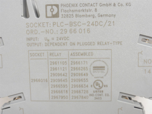 Phoenix PLC-BSC-24DC/21; Relay Socket 2966016; 24VDC; 5-Pin