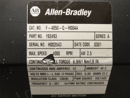 Allen-Bradley F-4050-Q-HOOAA; Servo-Motor; 2.5kW; 240VAC; 4000RPM