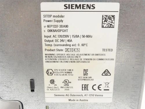 Siemens 6EP1337-3BA00; Power Supply 24VDC/40A-OUT  120/230VAC