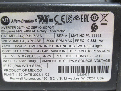 Allen-Bradley MPL-A420--HJ72AA; Servo Motor; 2.8HP; 240VAC
