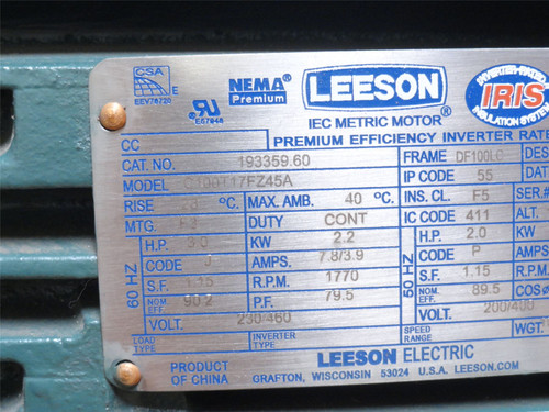 Leeson C100T17FZ45A; AC Motor 193359.60; 3HP 230/460V 1770RPM