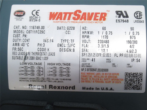 Leeson C6T11FC29C; AC Motor 116749.00; 1HP; 230/460V; 1170RPM