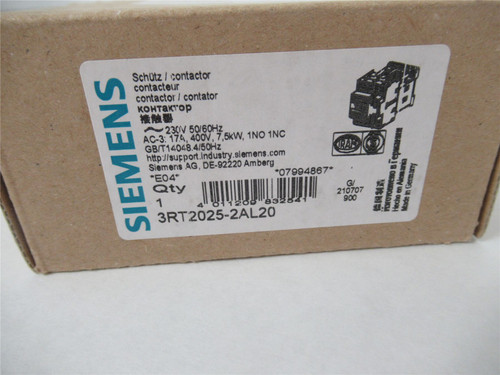 Siemens 3RT2025-2AL20; Contactor 17A 3-P Coil: 230VAC