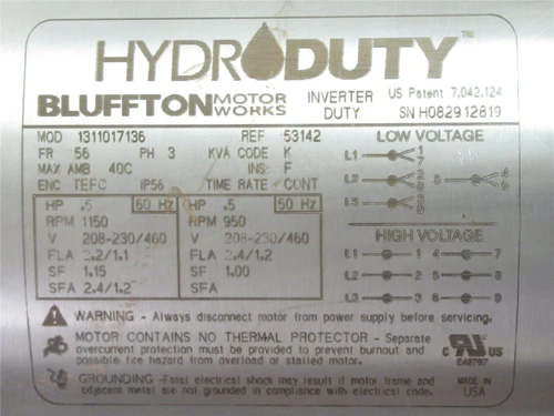 Bluffton 1311017136; AC Motor 1/20HP 208-230/460V 1150RPM